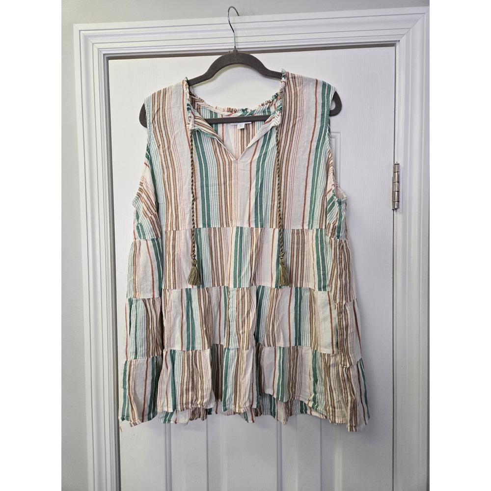 J. Jill Striped Tiered Sleeveless Tunic Top XL Petite Green Brown Boho Shabby